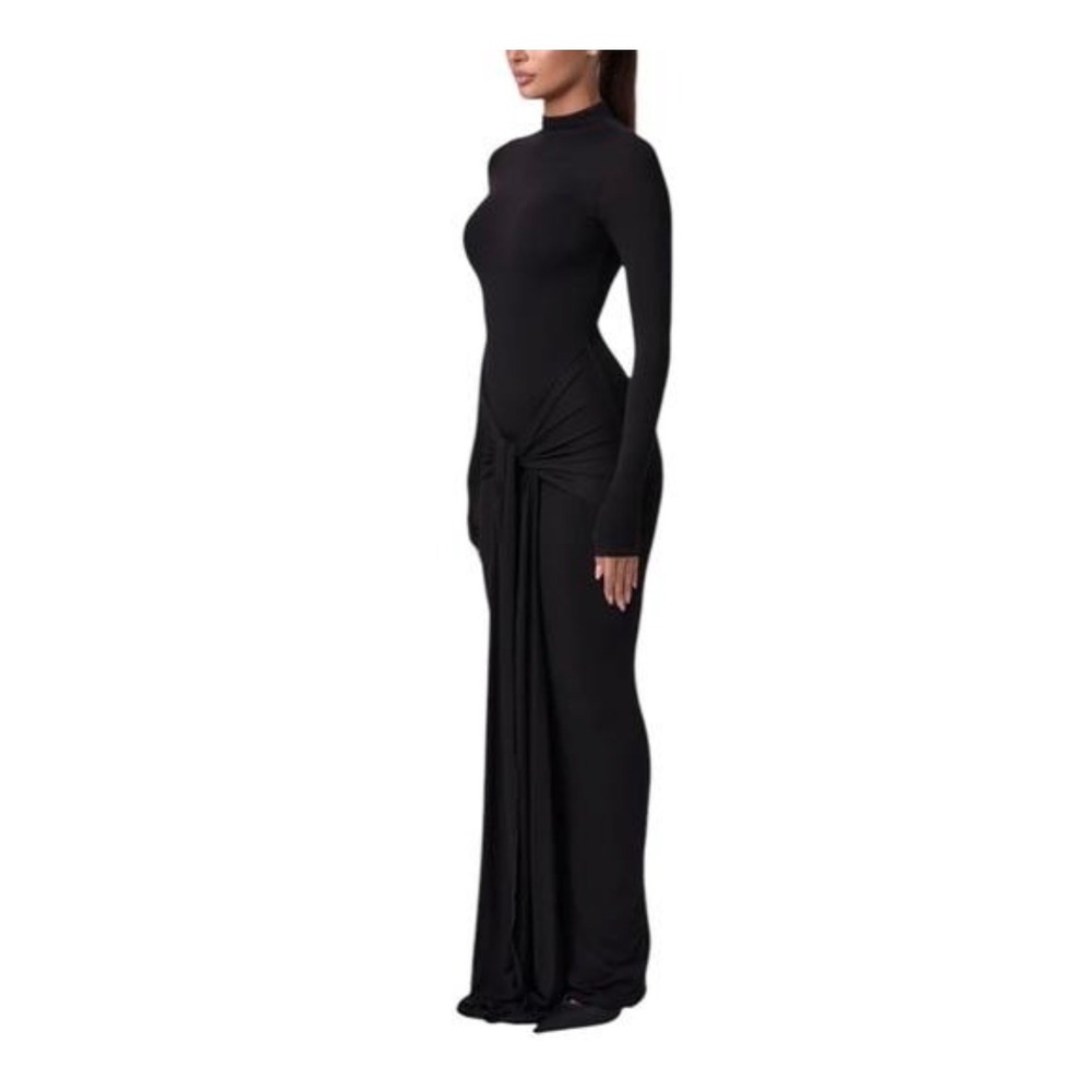 Naked Wardrobe Black Mock Neck Long Sleeve Draped Maxi Dress Slit Size L